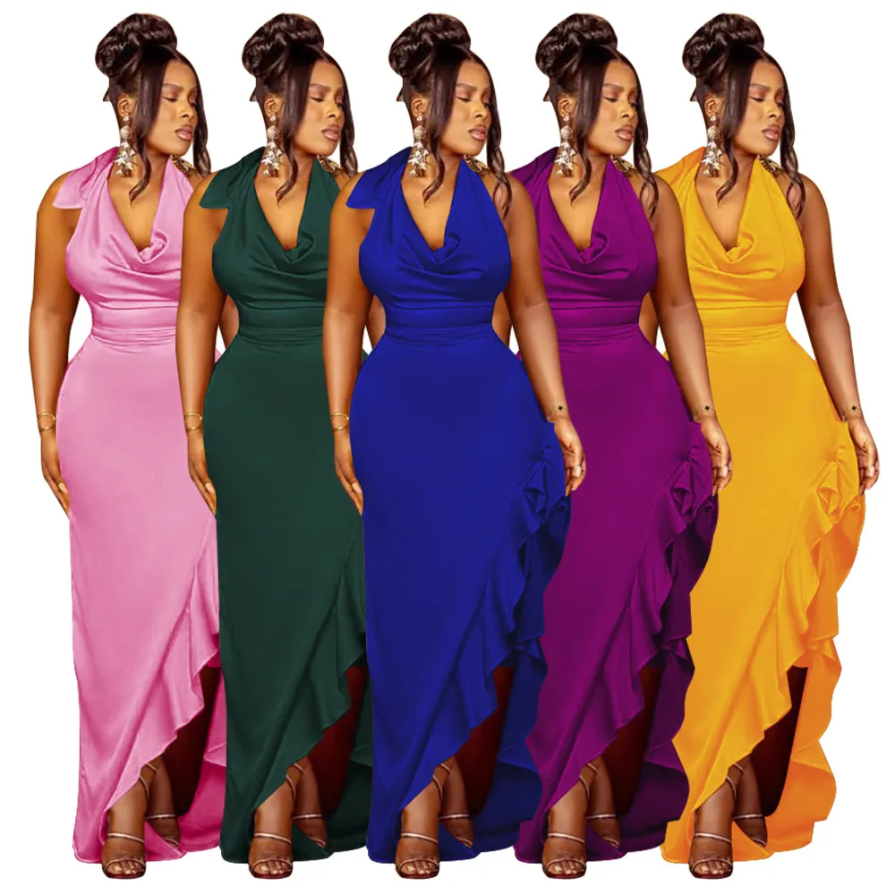 Maxct prom dresses K10440 Women's Swing Collar Halter Dress Sexy Backless Ruffles Dress
