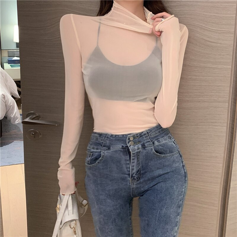 Maxct T Shirts Women Transparent Tops Long Sleeve Slim Turtleneck Stretchy T-Shirt Autumn Tees