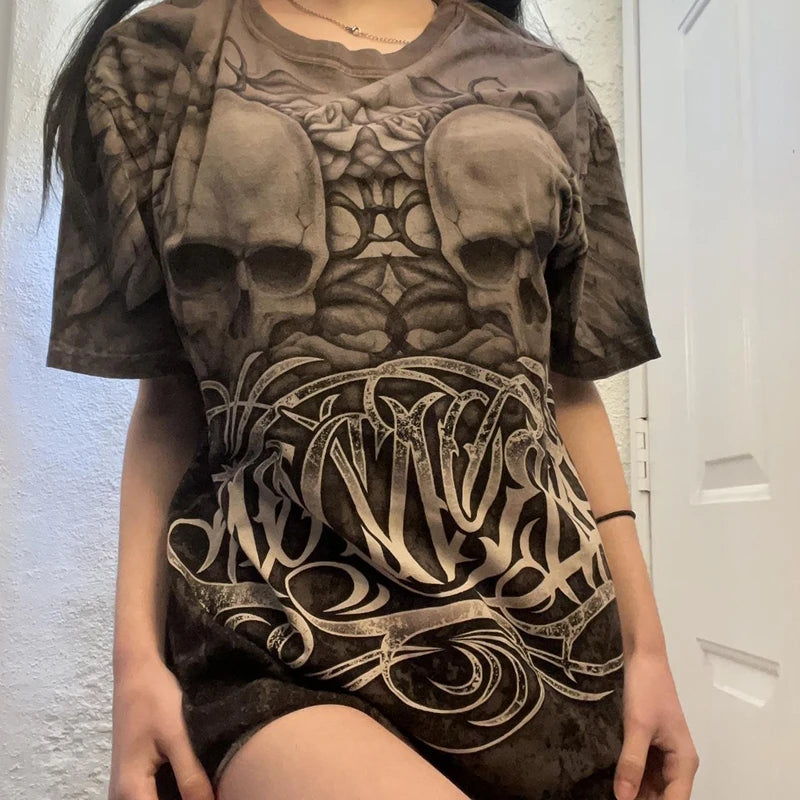 Maxct Punk Harajuku Grunge Short Sleeve Loose Tees E-girl Gothic Skulls Graphic Print T-shirt Y2K Aesthetic Vintage Pullovers Tops