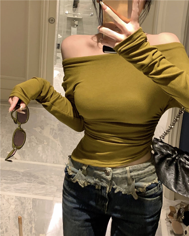 Black Solid Slash Neck Elegant Long Sleeve Tops Fashion Slim Sexy Cropped T Shirt Skinny Women Y2k Clothing Autumn Casual Shirts