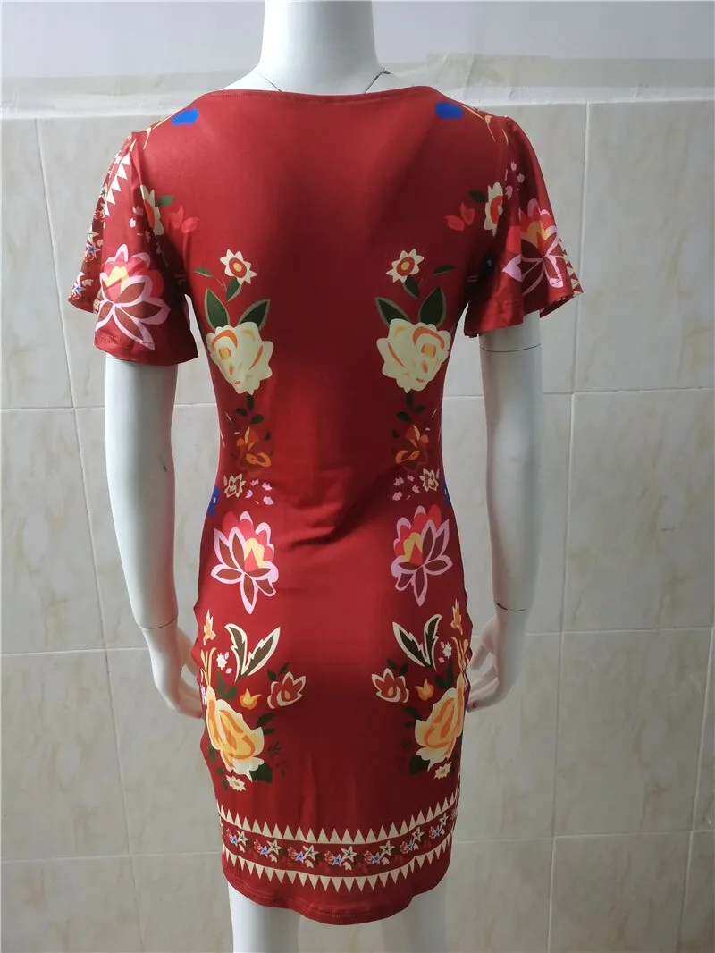 Women's Elegant Dress Vintage Floral Print Ruffles Bodycon Dress for Party Cocktails Casual Mini Dress Vacation Dress