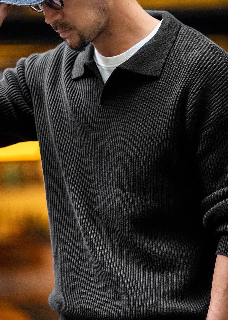 Maxct Open Neck Collared Rib Knit Sweater