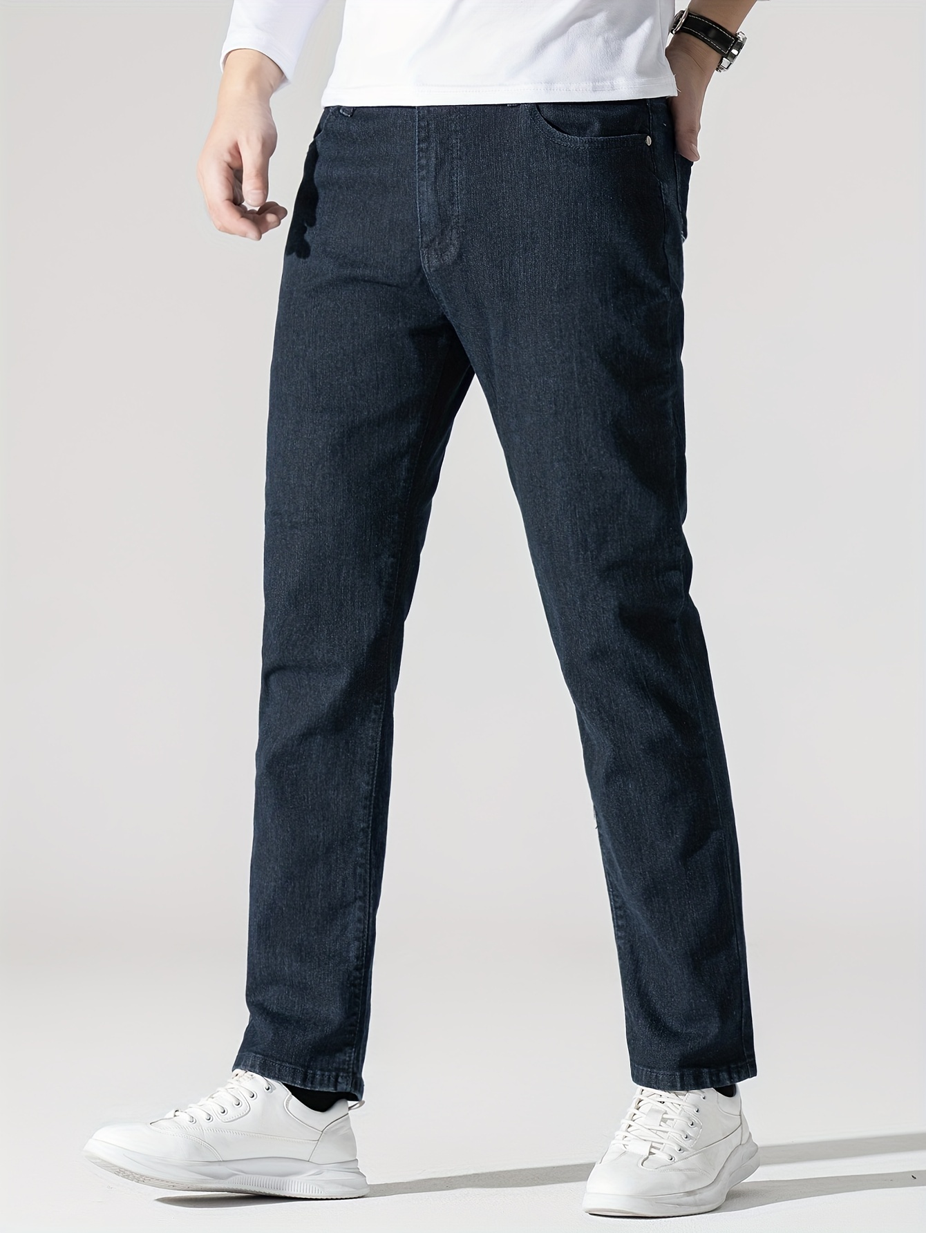 Men's High Stretch Jeans For Business, Slim Fit Denim Pants With Pockets For Spring Fall