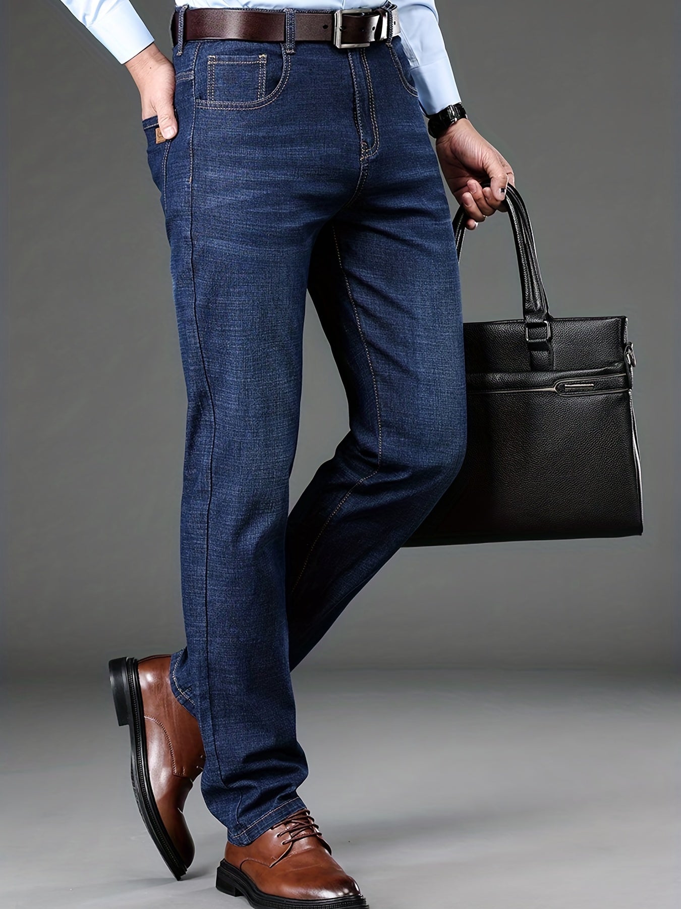 Slim Fit Straight Leg Jeans For Business, Men's Medium Stretch Comfy Casual Pants For Spring Fall