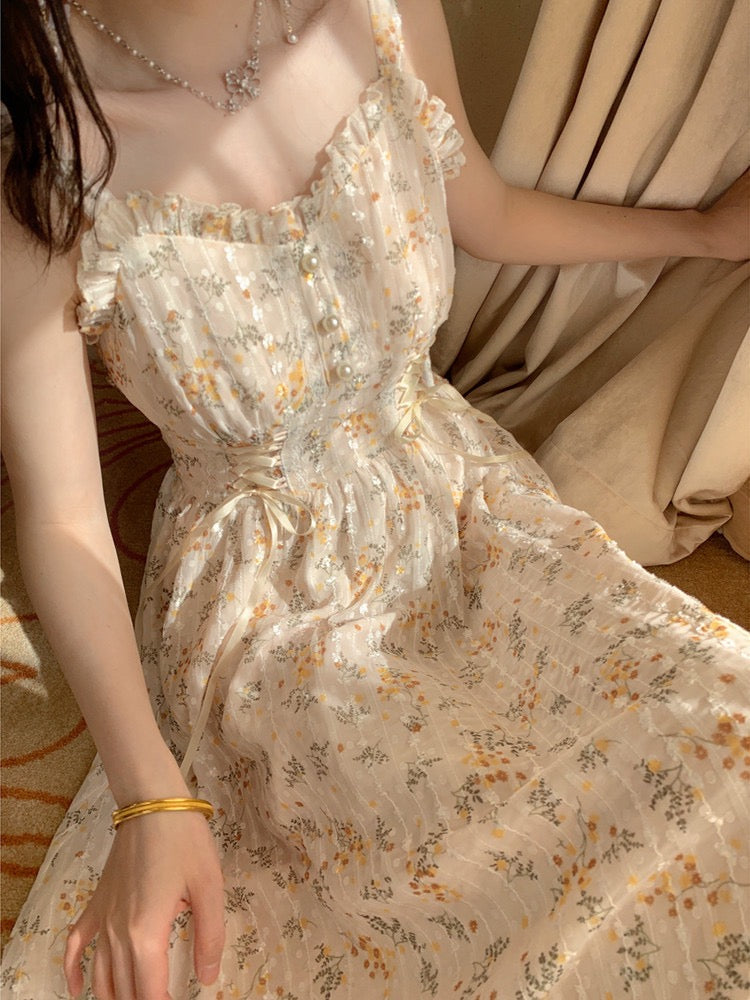 Ditsy Floral Lace Up Midi Dress Maxct