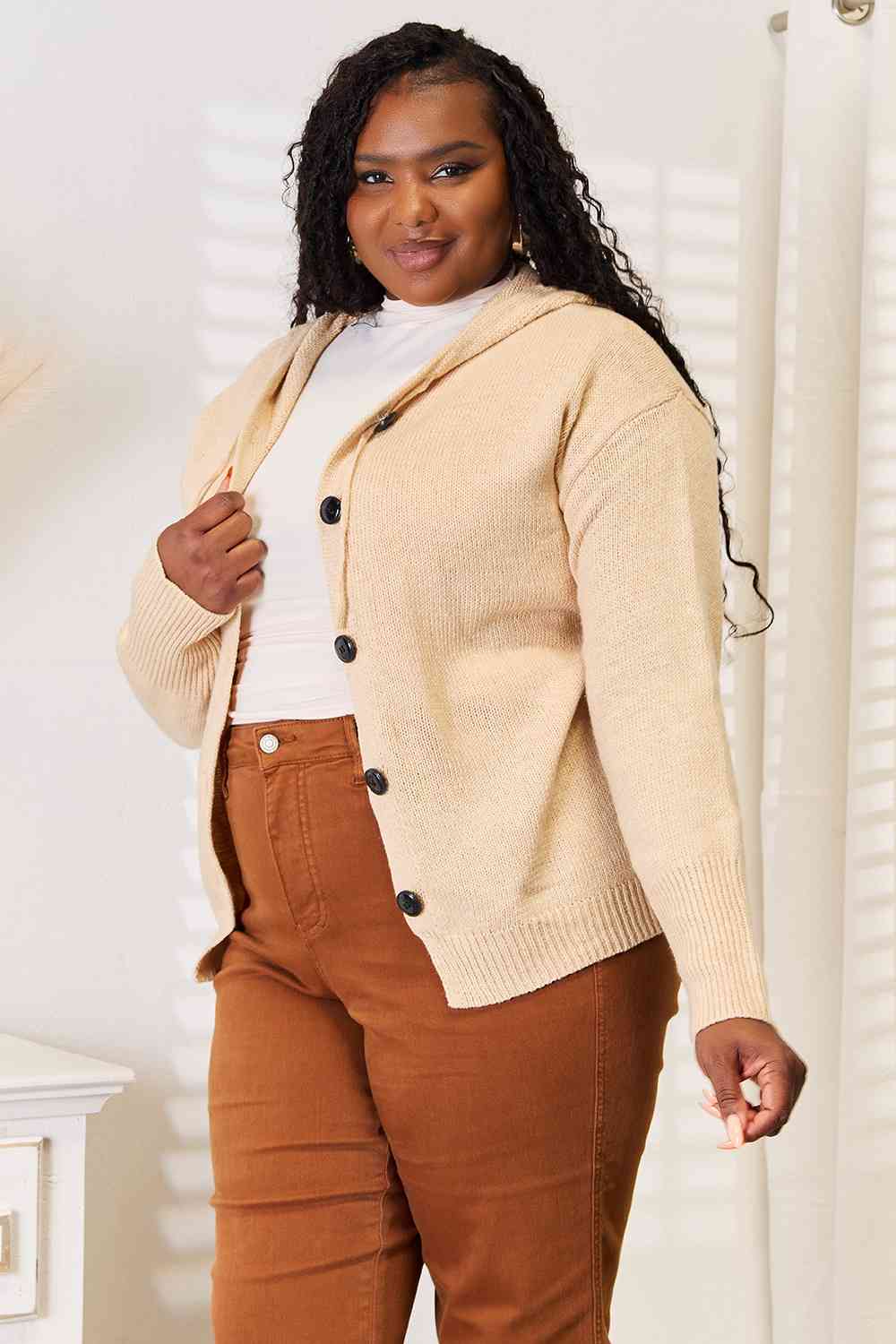 Maxct &Woven Right Button-Down Long Sleeve Hooded Sweater