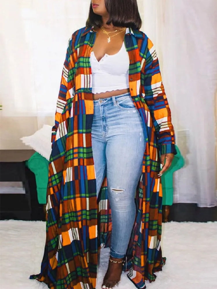 Plaid Print Shirt Collar Maxi Dress Maxct