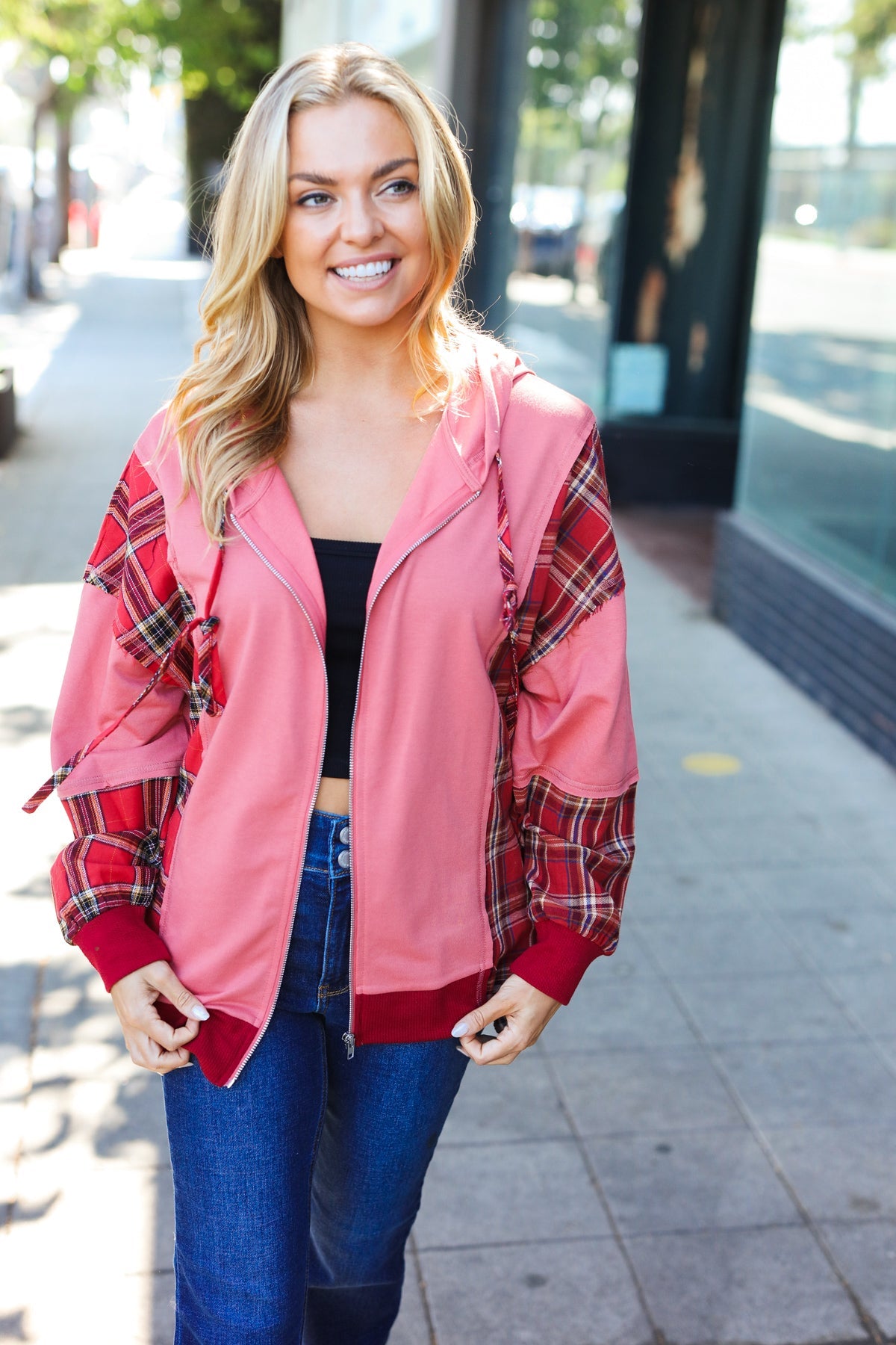 Maxct &Adorable in Marsala Plaid Color Block Zipper French Terry Hoodie
