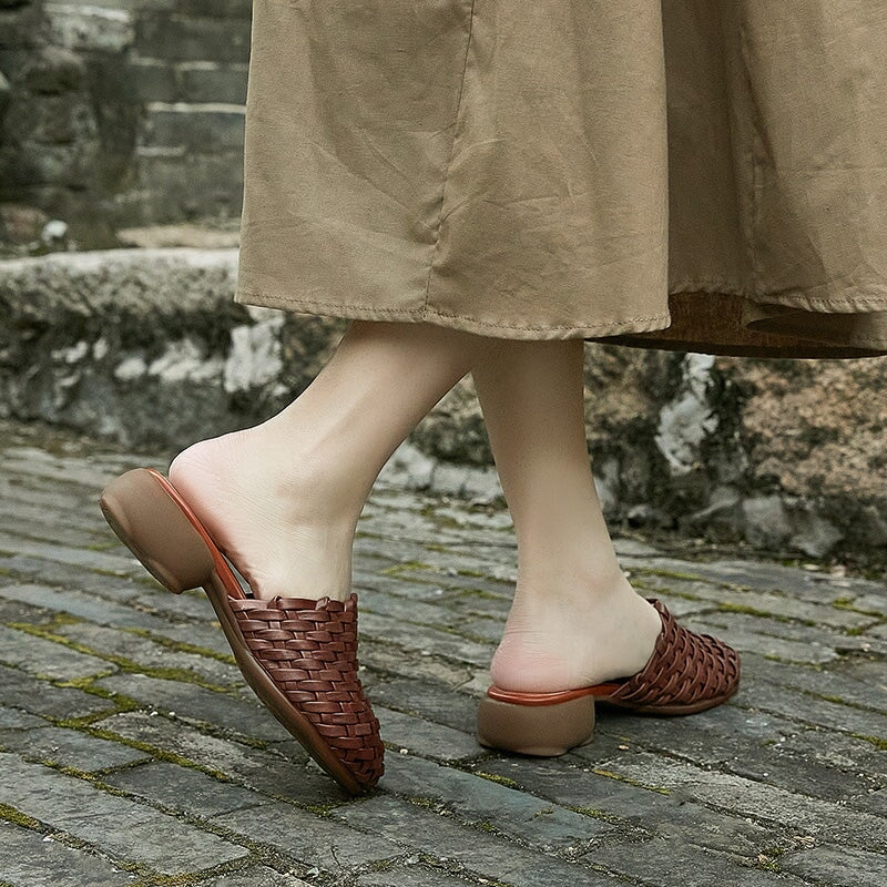 Woven Slippers Block Heel Mules Summer Slippers Maxct