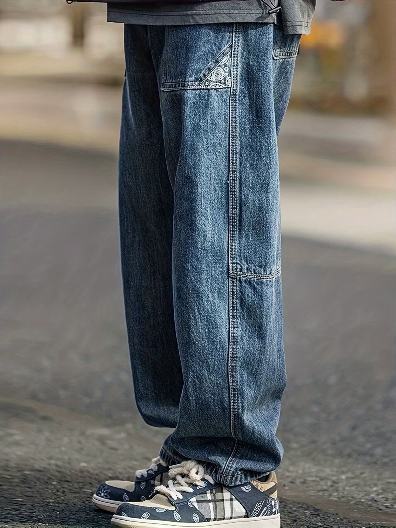 Wide Leg Cotton Jeans, Men's Casual Street Style Patchwork Denim Pants For Spring Summer