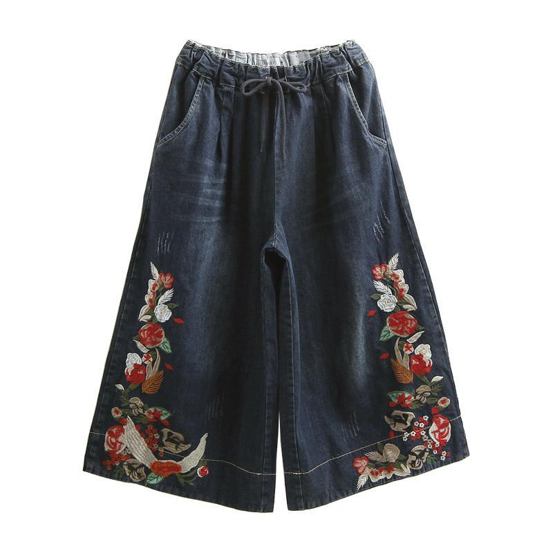 Maxct Women Retro Embroidered Denim Wide-Leg Pants