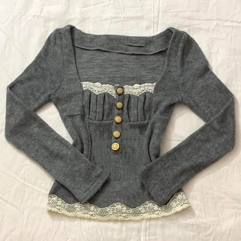 Maxct Preppy Vintage Button Long Sleeve T-shirt Aesthetic Retro Kawaii Lace Trim Crop Top Y2K Fairy Grunge Milkmaid Tees Streetwear