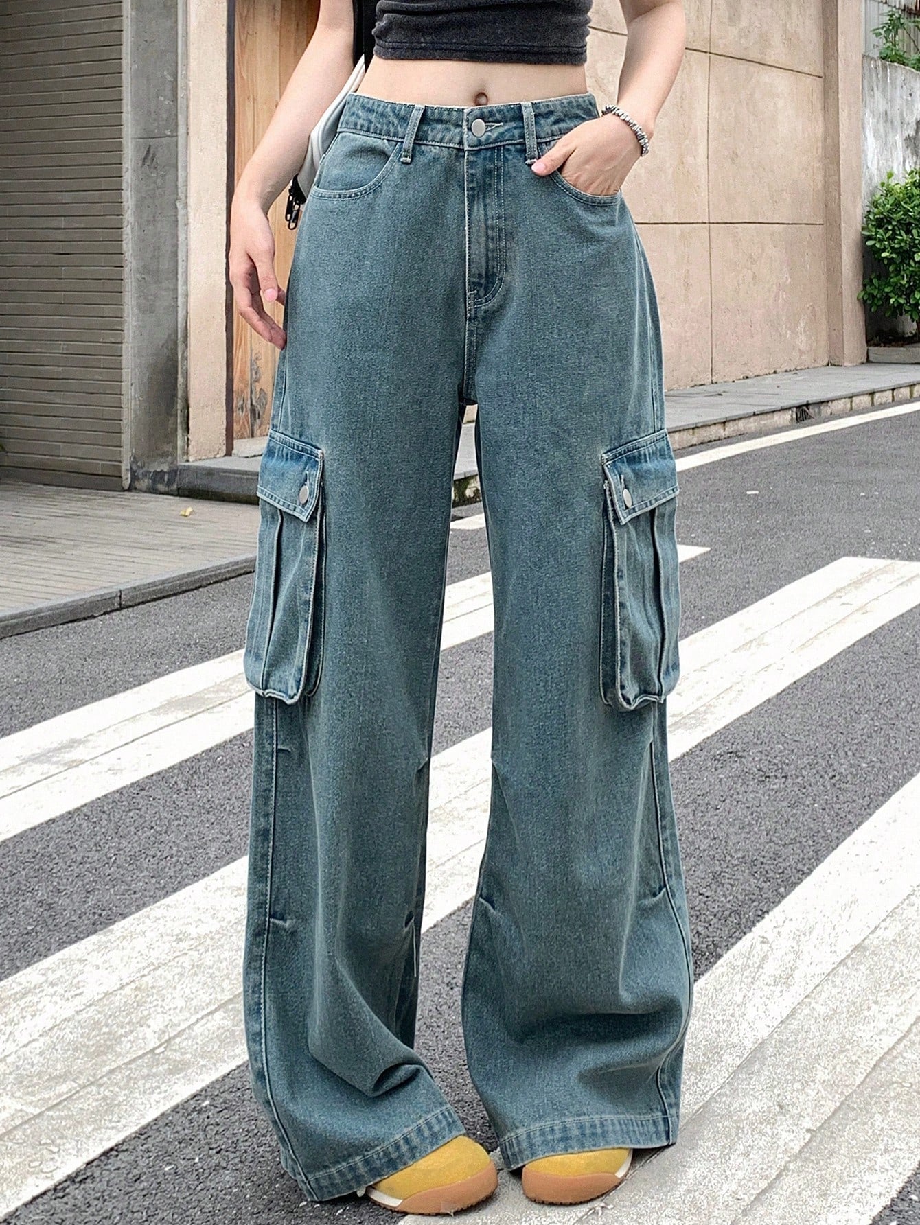 Maxct Women's Wide Leg Denim Pants Loose Fit Cargo Jeans With Pockets