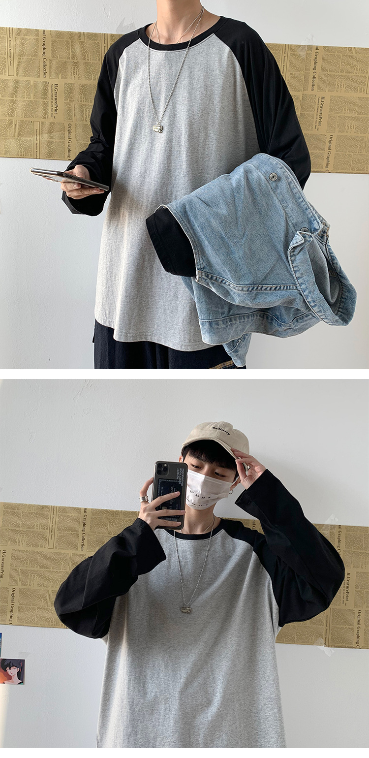 Oversized T-shirt Round Collar Contrast Color Long Sleeve Tops Women Spring Patchwork Kawaii T Shirts Unisex Streetwear