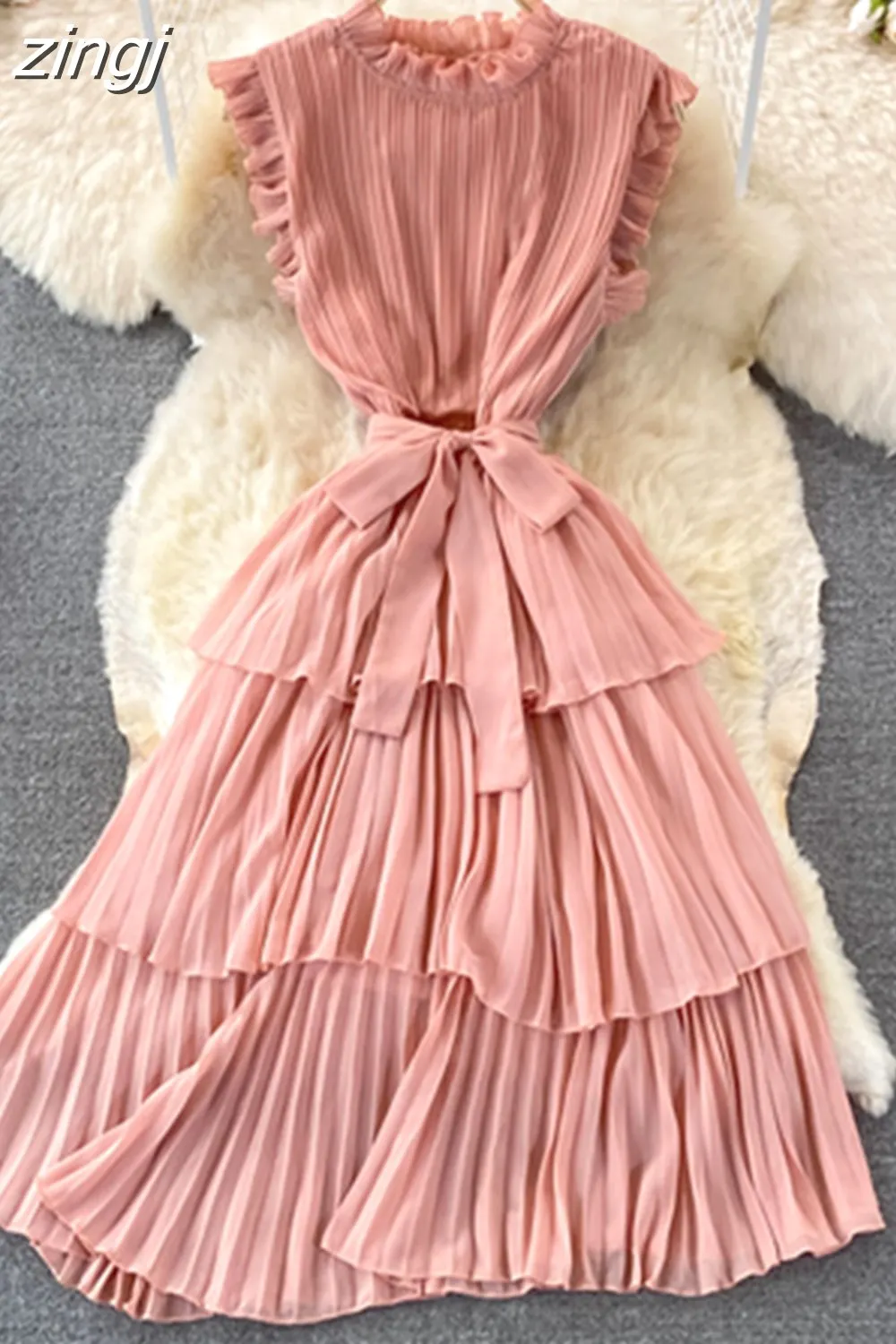 Maxct Women Purple/Pink/Green Draped Dress Vintage Ruffle Stand Collar Sleeveless High Waist Party Pleated Vestidos Female New