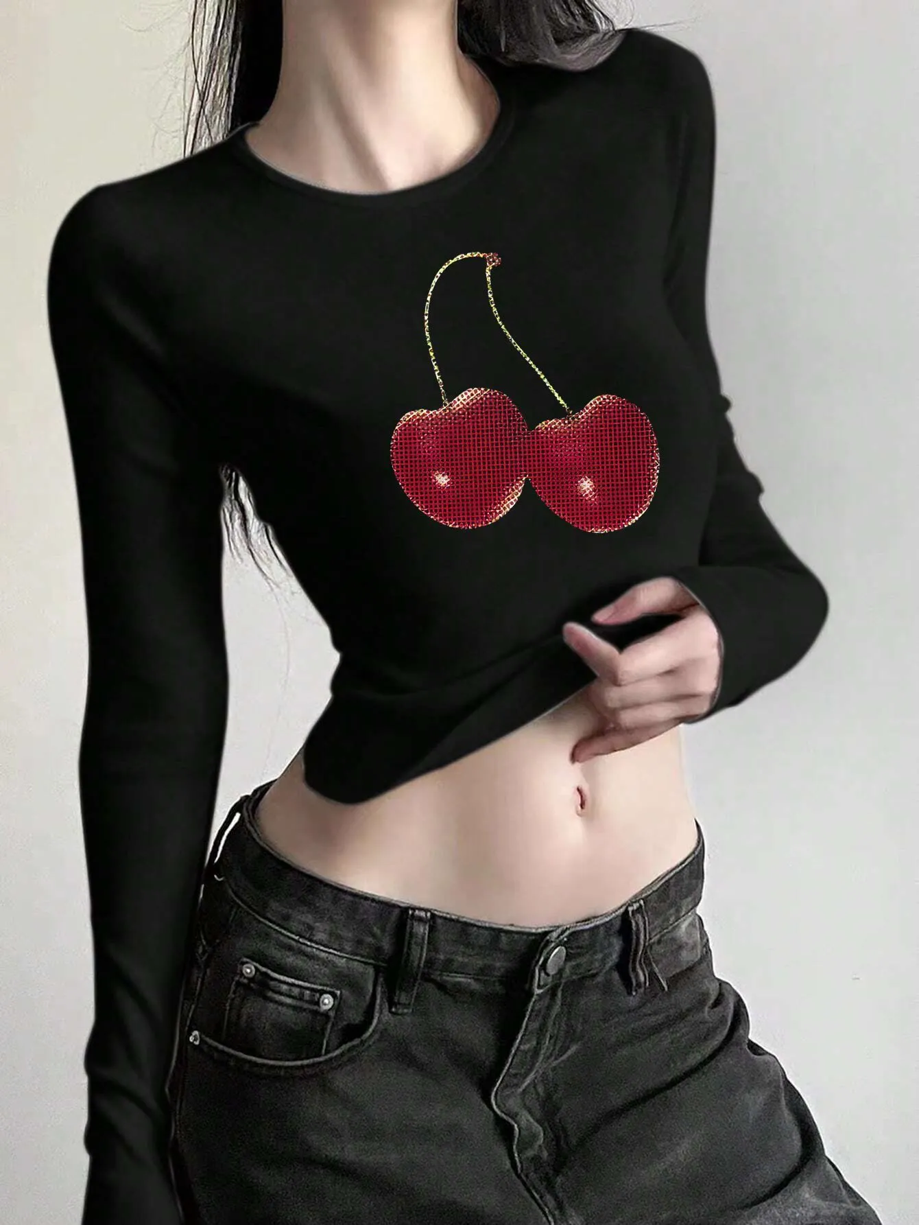 Maxct American Hot Girl round Neck Shoulder Long Sleeve Navel Top Fashion Street Slim Short T-shirt for Women