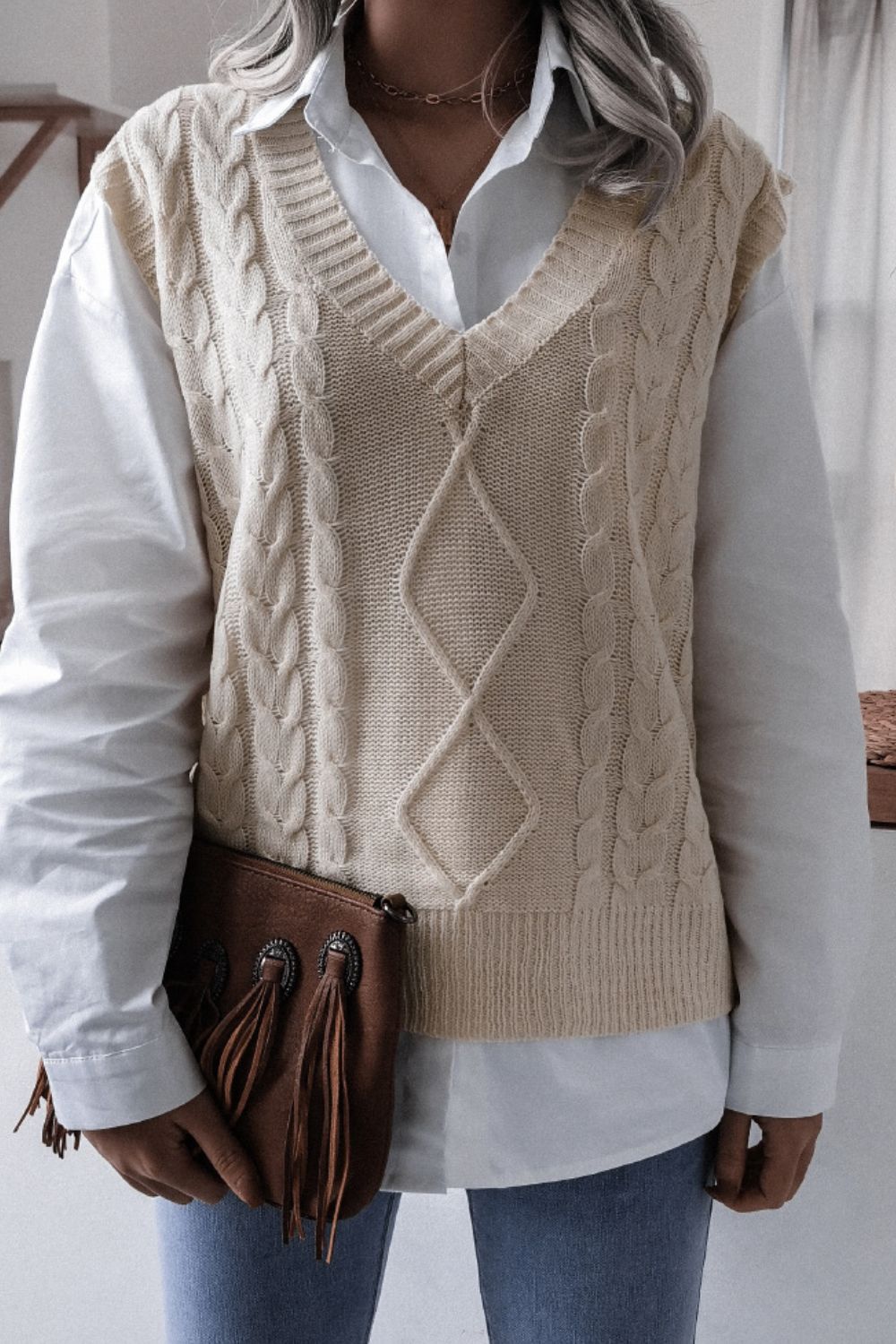 Maxct &Cable-Knit Ribbed V-Neck Sweater Vest