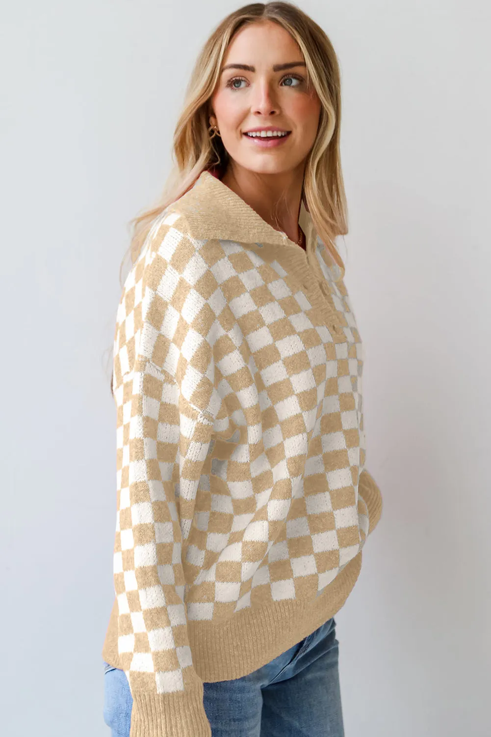 Maxct &Checkered Collared Neck Long Sleeve Sweater