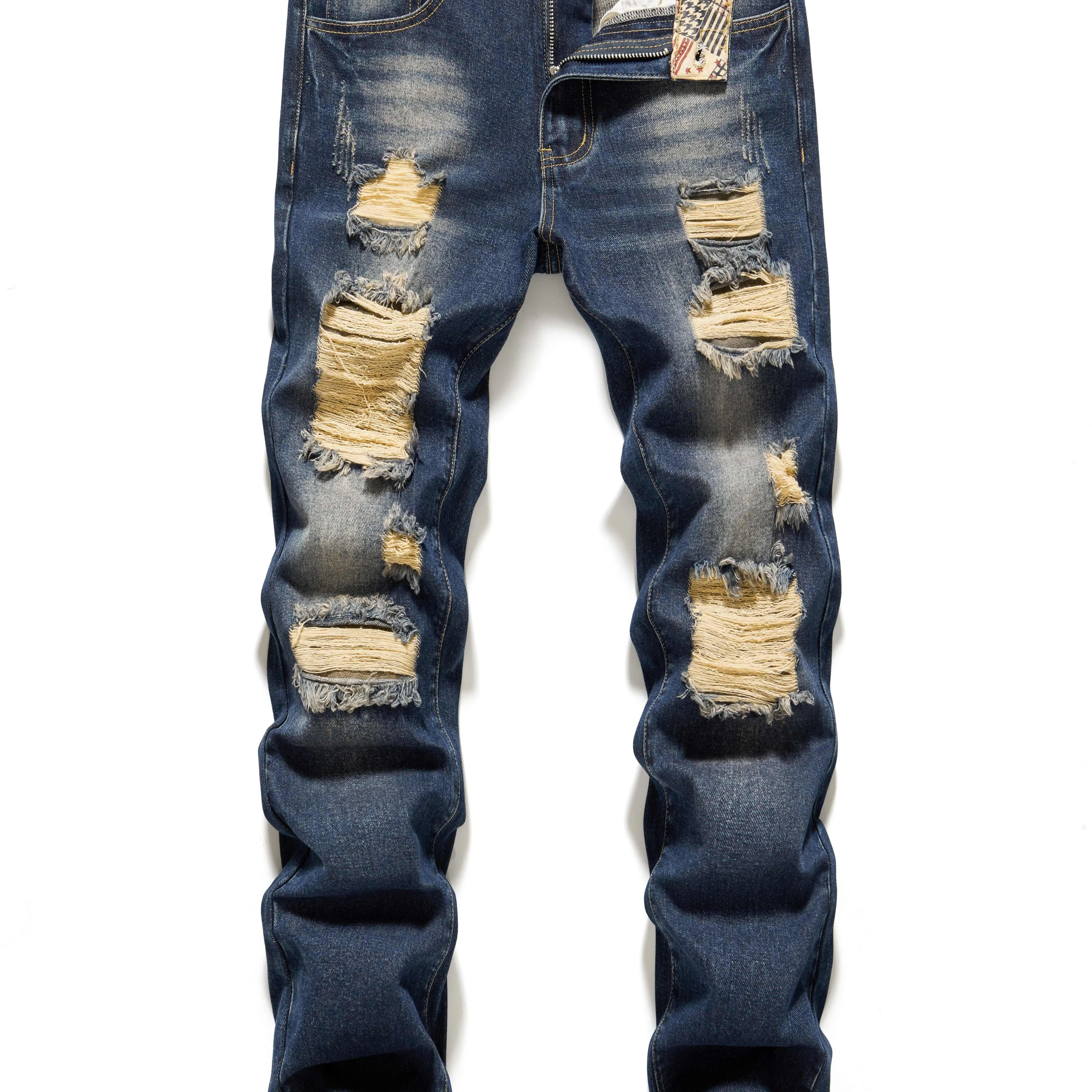 Maxct  Regular Fit Ripped Jeans, Men's Casual Street Style Distressed Denim Pants For All Seasons