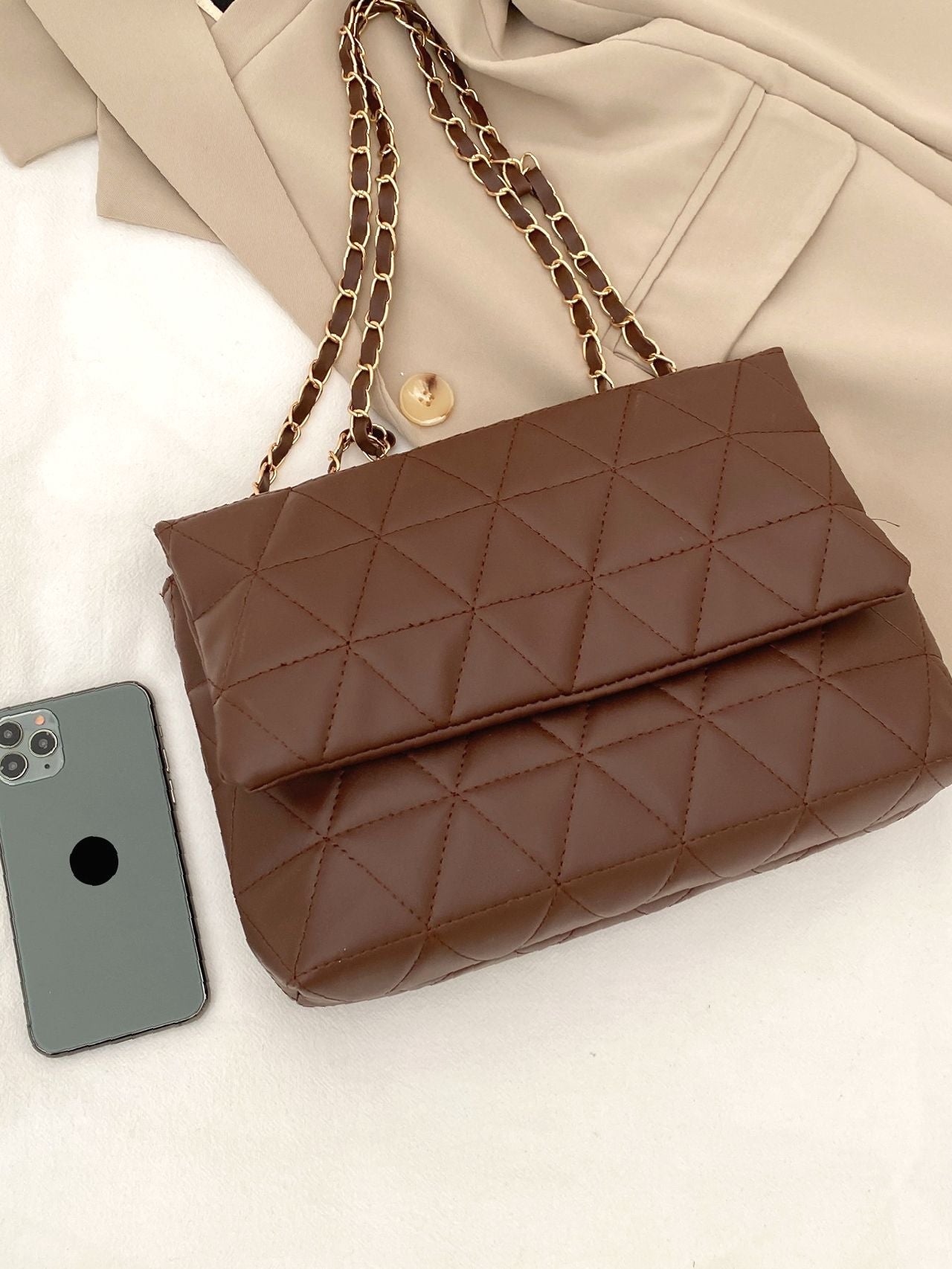 Maxct - Minimalist Quilted Chain Flap Square Bag - Women Tote Bags