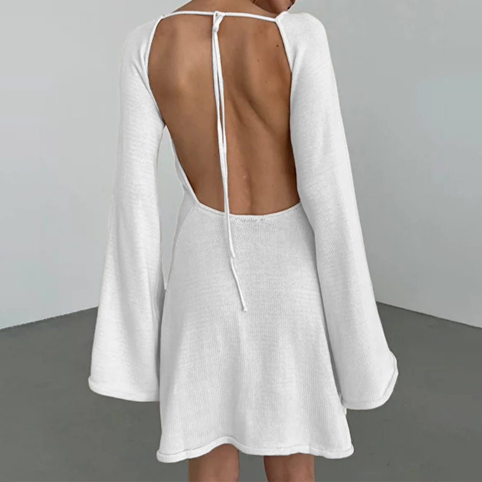 Maxct Women Knitted Dress Casual Solid Color Backless Long Sleeve Mini Party Dress for Beach Cocktail Club Streetwear