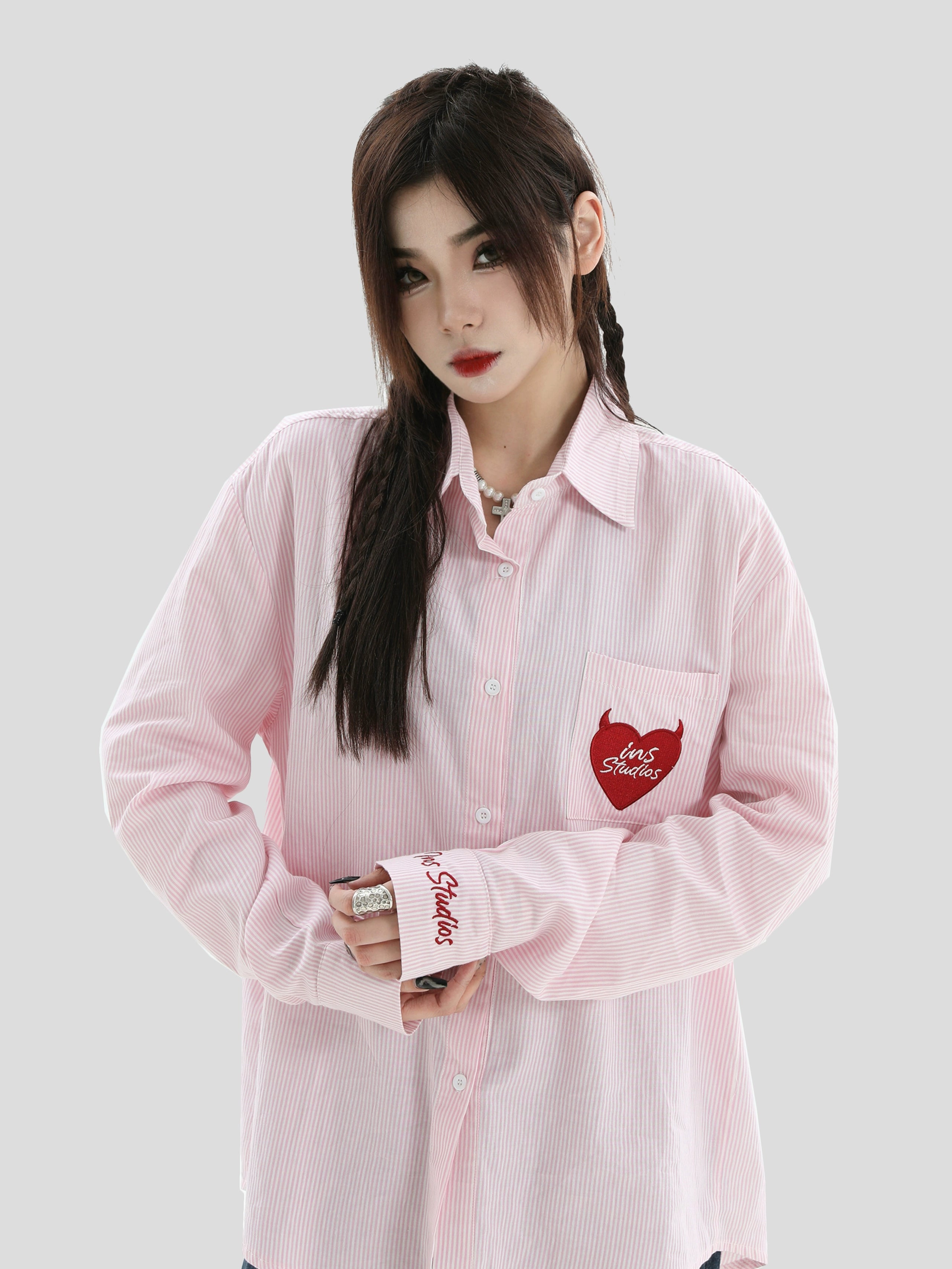 INS Heart Embroidery Striped Shirt Maxct