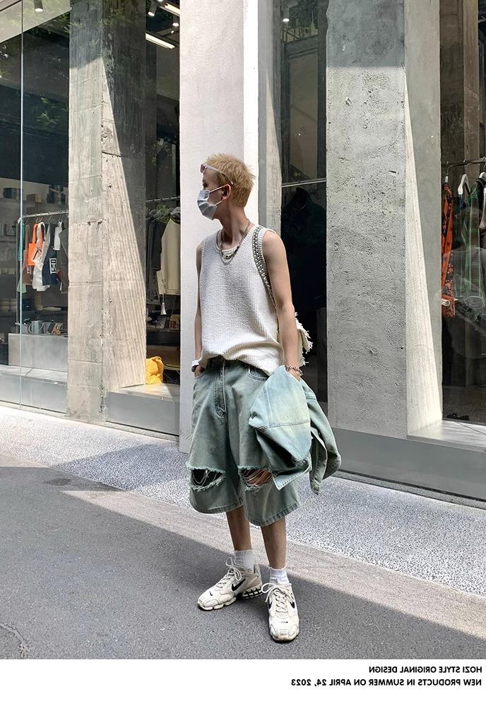 Maxct 90s Streetwear Solid Color Simple Vertical Stripe Niche Retro Round Neck Vest Men's Summer New Casual All-match Sleeveless T-shirt