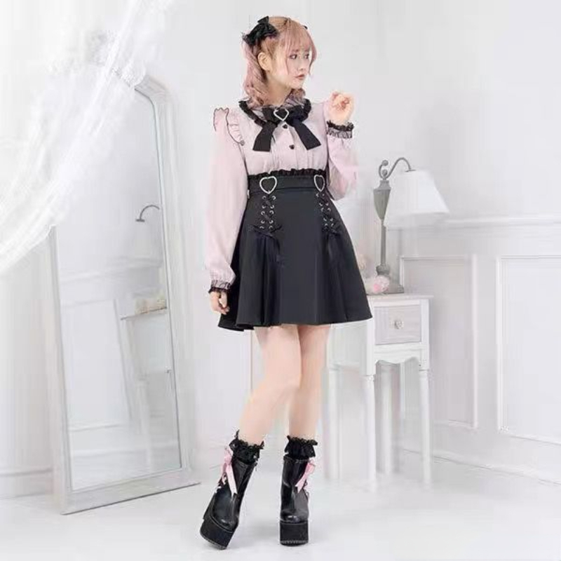 Maxct Kawaii Girl Lolita Long Sleeve Shirt Autumn Y2k Aesthetic Lace Patchwork All Match Blouse Women JK Bow Sweet Cute Tops