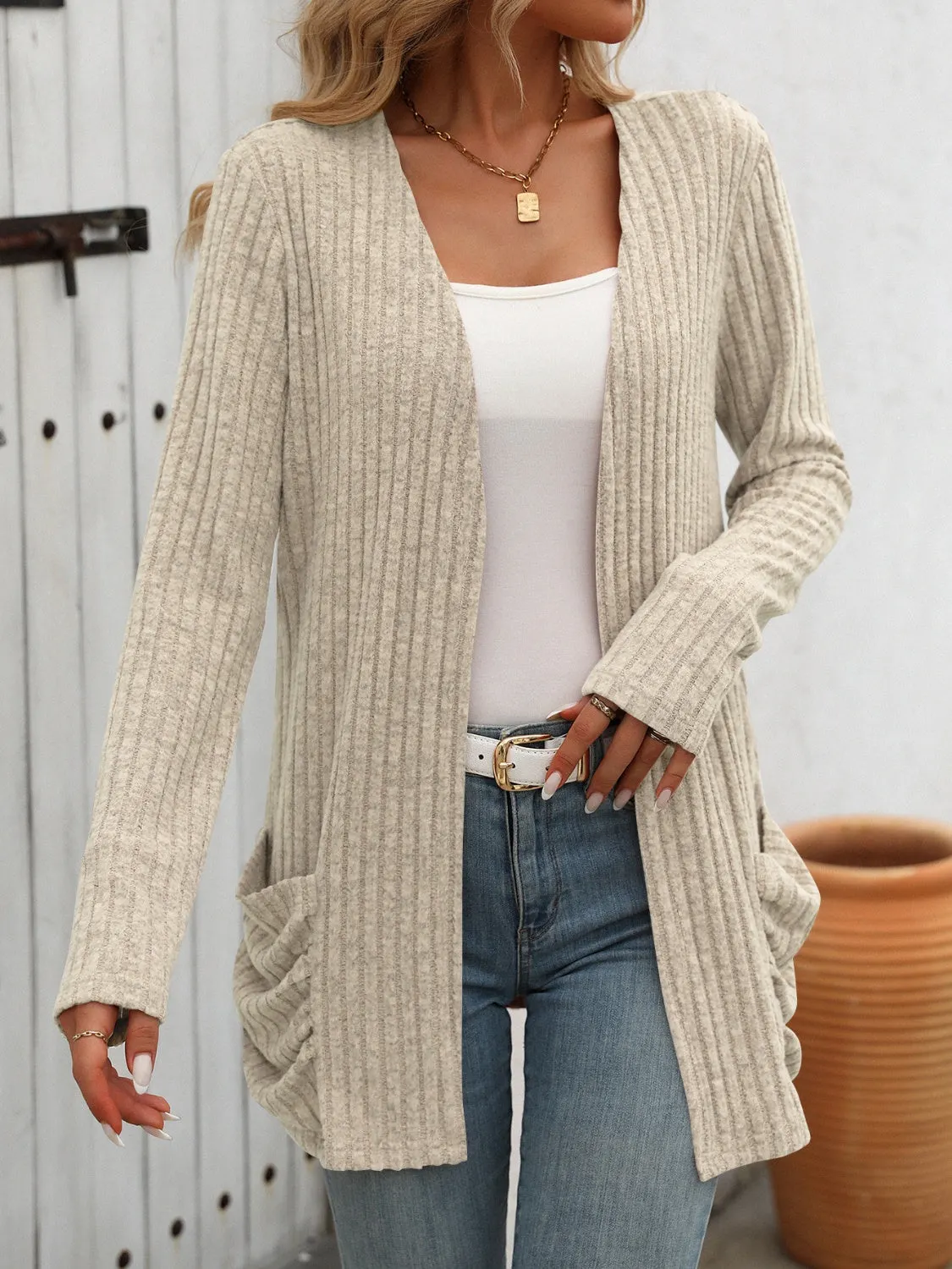 Maxct &Open Front Long Sleeve Ribbed Cardigan