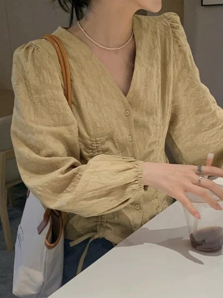 Maxct Lace Up Button Front Long Sleeve Blouse