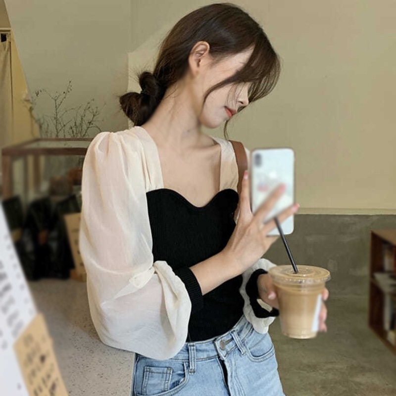 Maxct Autumn T Shirt for Women Square Neck Puff Sleeves Long Sleeves Blouse Chic Casual Tops