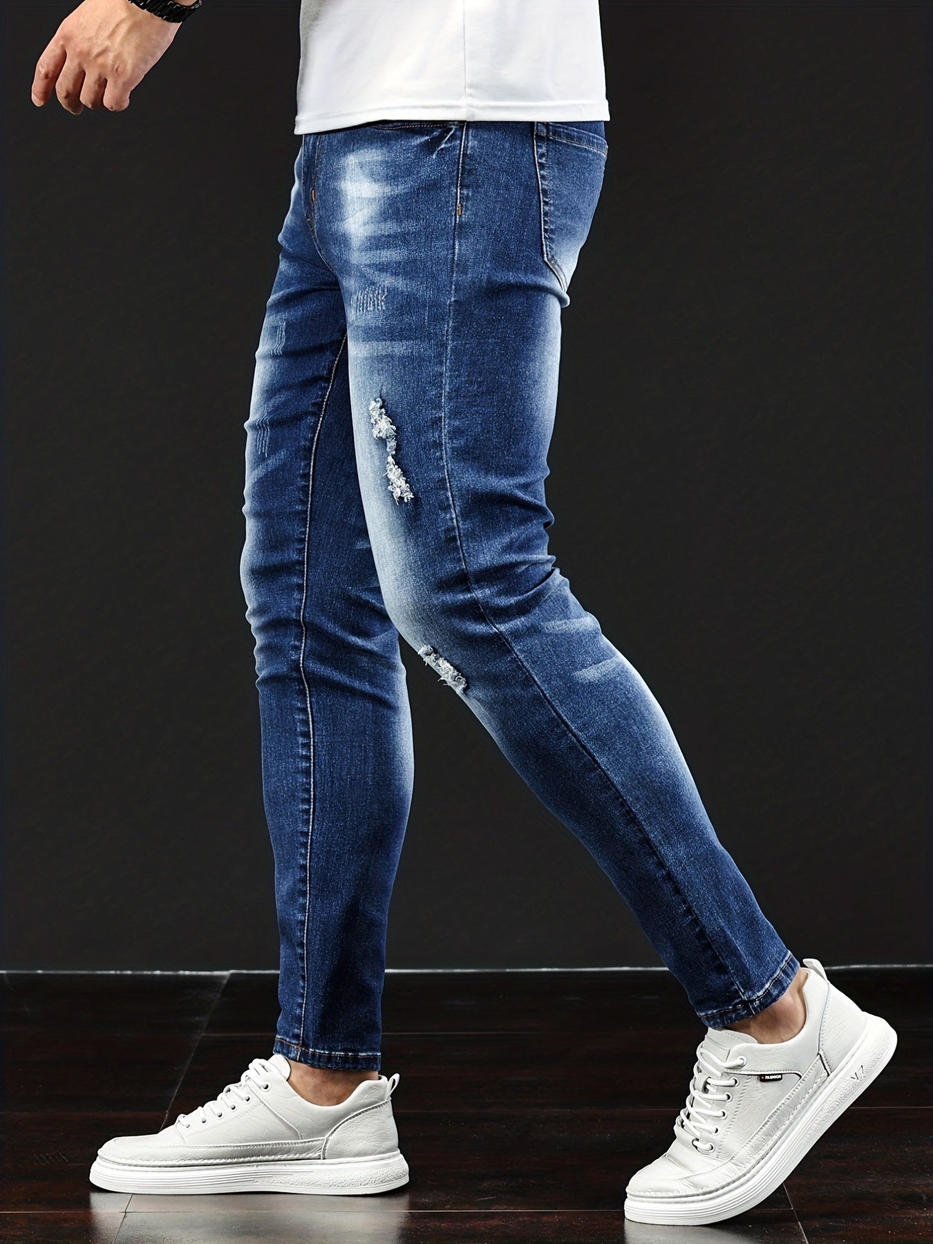 Maxct  Slim Fit Ripped Jeans, Men's Casual Street Style Distressed Medium Stretch Denim Pants