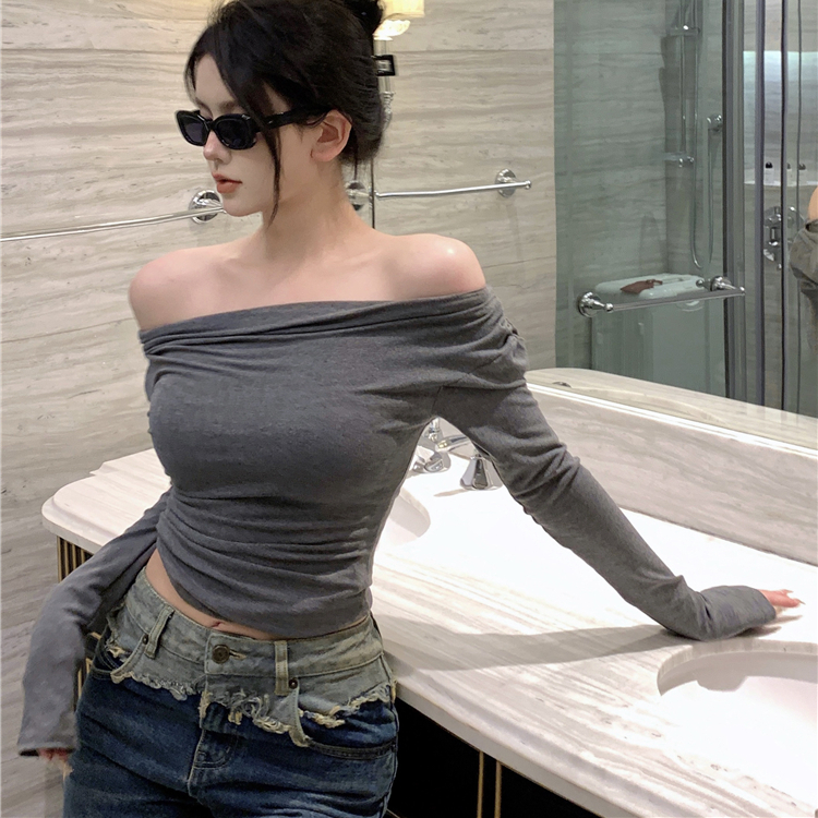 Black Solid Slash Neck Elegant Long Sleeve Tops Fashion Slim Sexy Cropped T Shirt Skinny Women Y2k Clothing Autumn Casual Shirts