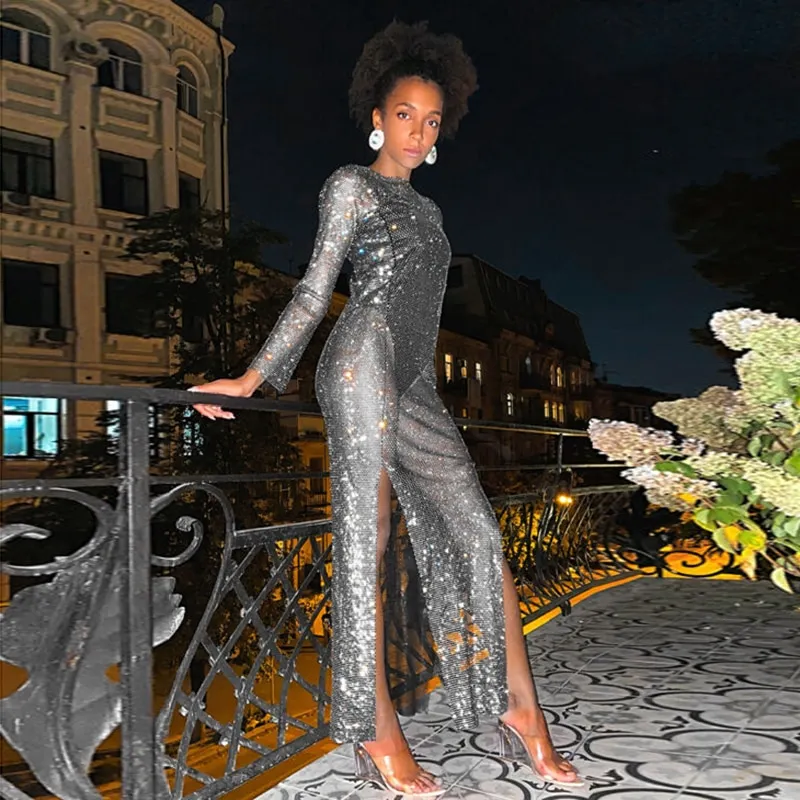 Sexy See Through Sheer Mesh Dress Elegant Solid Color Diamonds Slit Long Sleeves Dresses Party Club Lady Long Vestidos