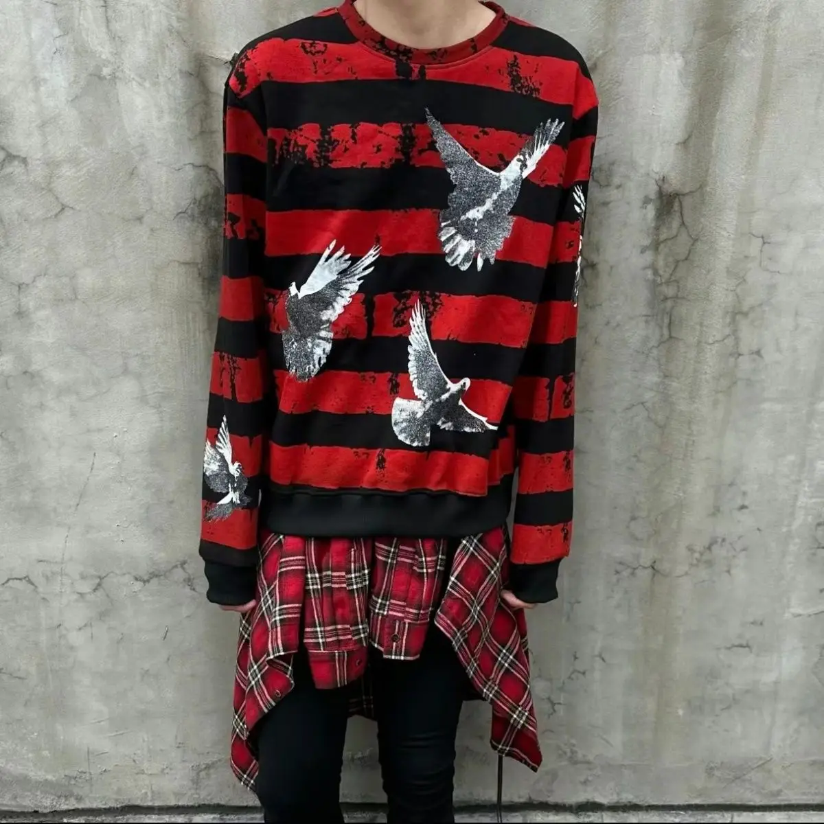Maxct High street-inspired pigeon-print long-sleeved pullovers sweatshirts men women street tie-dye stripe panels versatile harajuku
