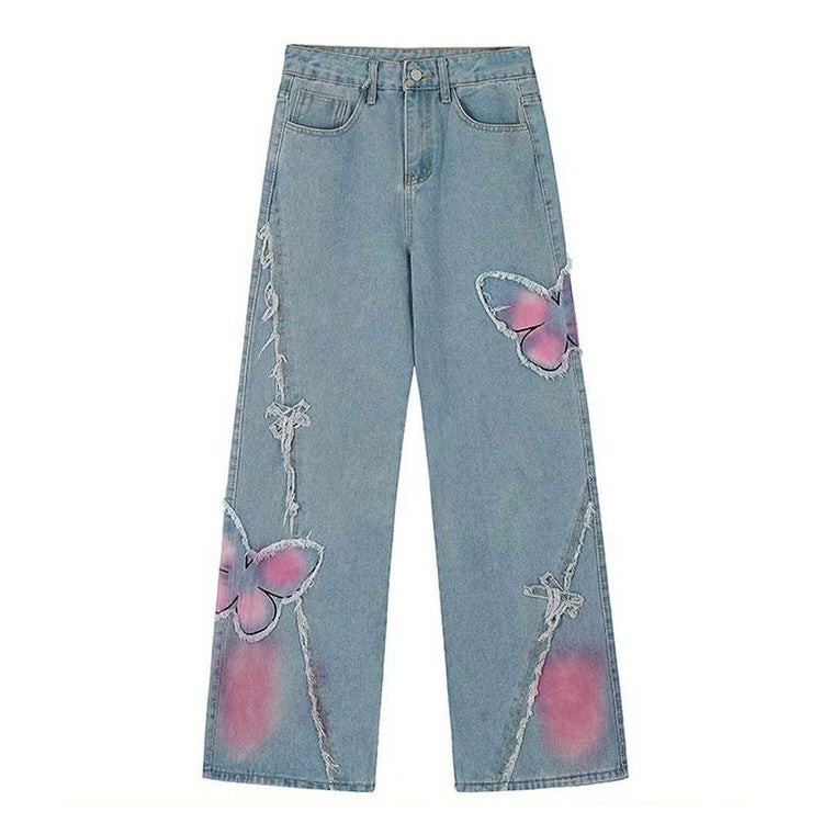 Pink Butterfly Wide Leg Jeans Maxct