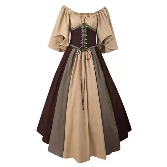 Maxct costume ideas Medieval Retro Contrast Color Slim Dress Flying Sleeve Large Swing Skirt off-Shoulder Dress Women's Cos Clothing Performance