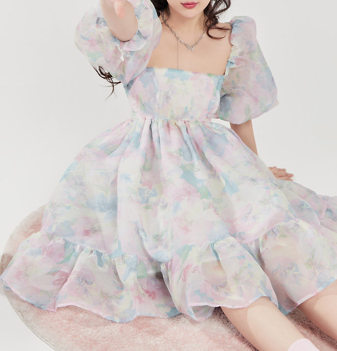 Watercolor Floral Puff Dress Maxct