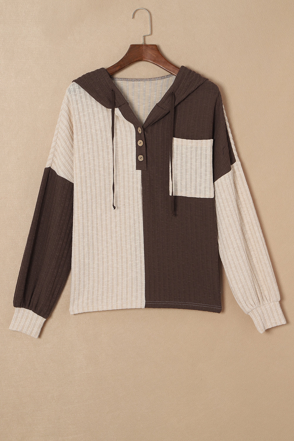 Maxct &Color Block Quarter Button Long Sleeve Hoodie
