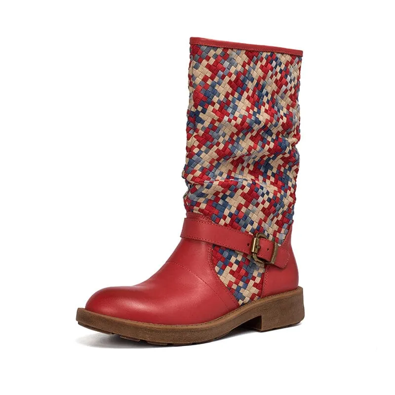 Woven Boots Mid Calf Color Blocking Design Riding Boots Maxct