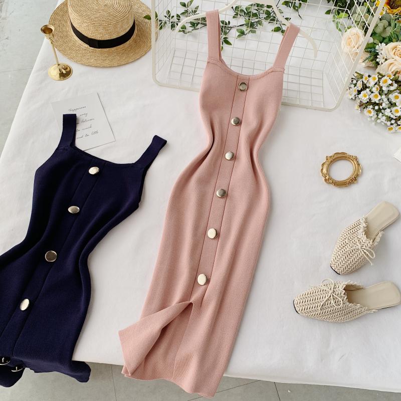 Summer Pink/Red/White/Black Women Knitted Dress Vintage High Waist Button Single-breasted Slim Casual Dress For Female New
