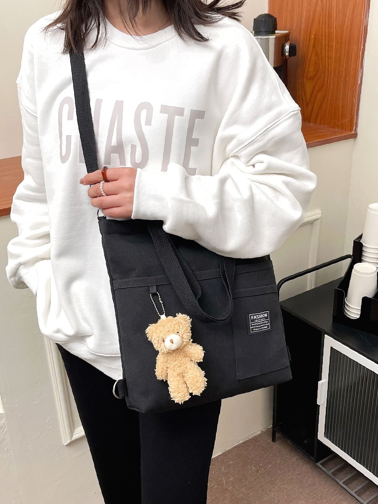 Maxct - Letter Graphic Shopper Bag with Bag Charm  - Women Tote Bags