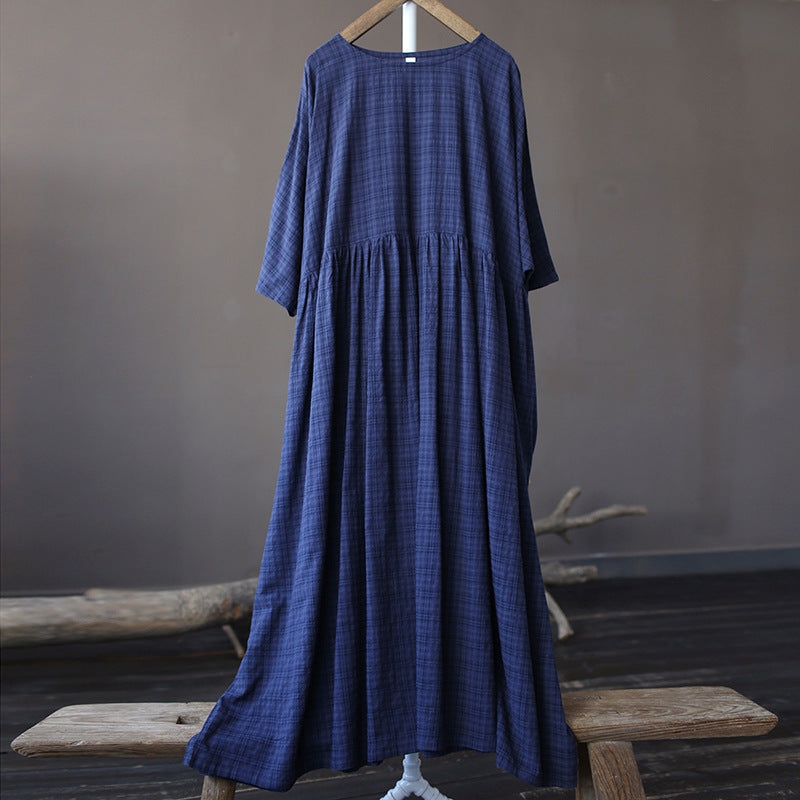 Round Neck Plaid Loose Cotton Midi Dress