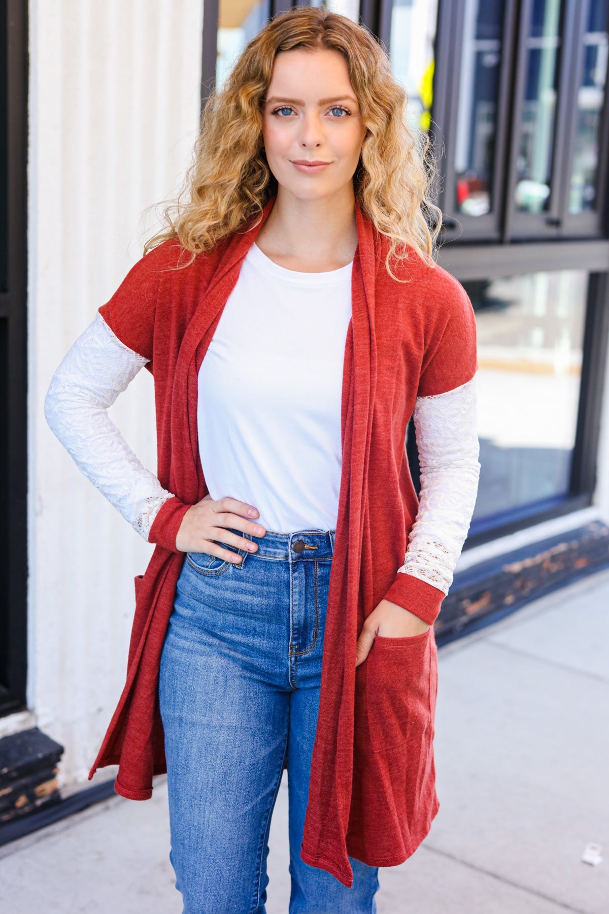 Maxct &Casual Days Rust Lace Sleeve Front Pocket Hacci Cardigan