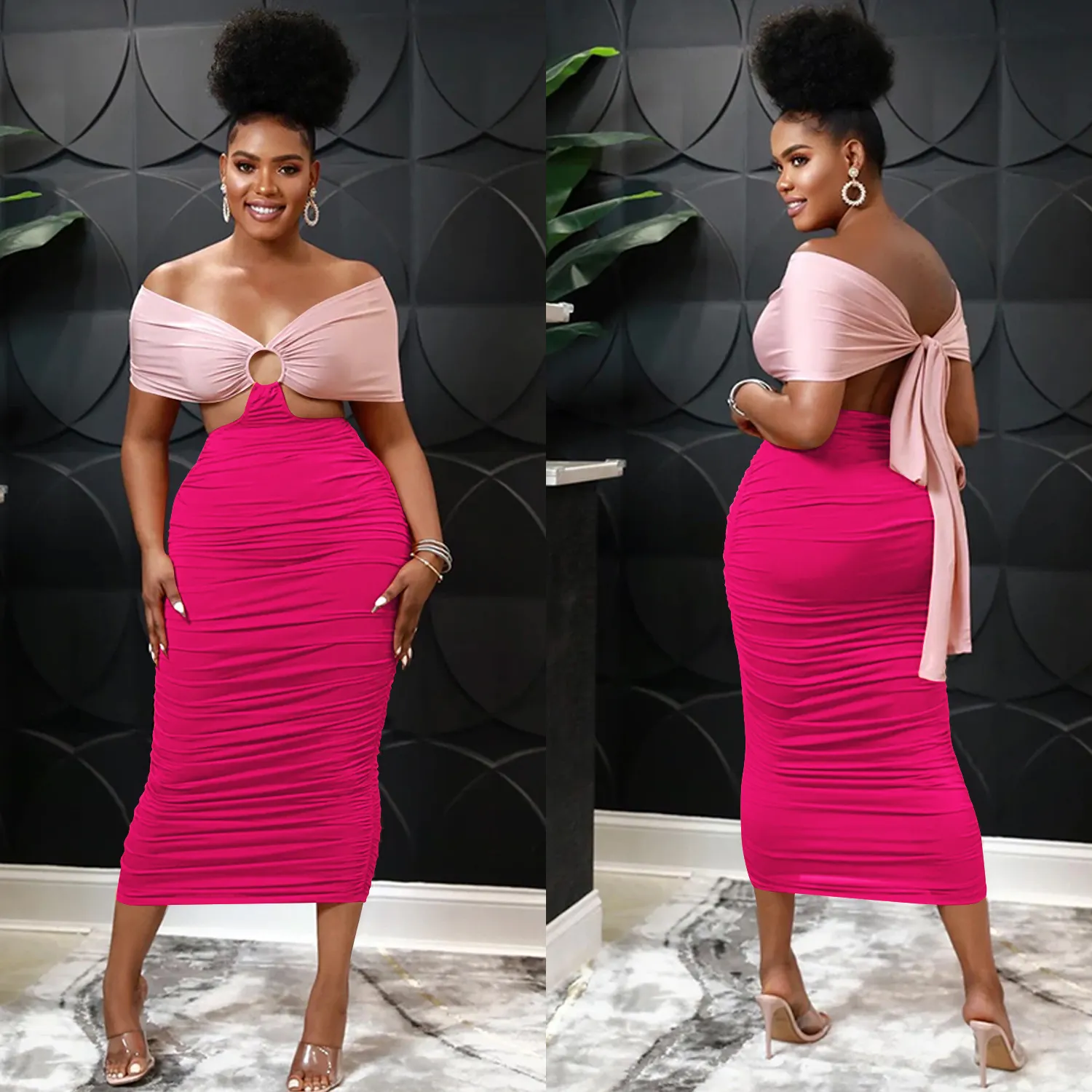 Maxct Maxct Fashion Women's Casual Tight Back Hollow Out Pleated Dress Women's Wear