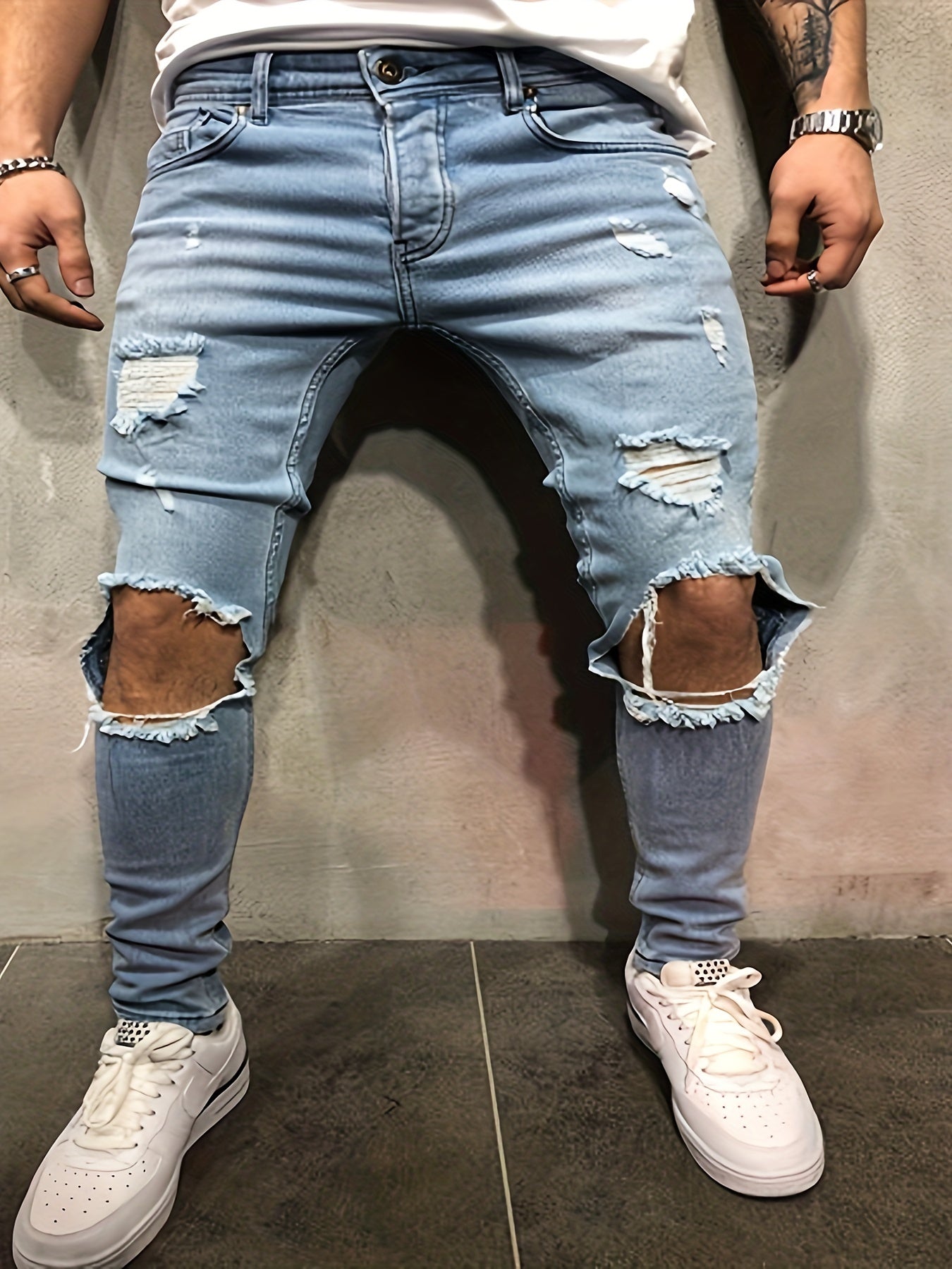 Maxct  Slim Fit Ripped Jeans, Men's Casual Street Style Distressed Mid Stretch Denim Pants For Spring Summer