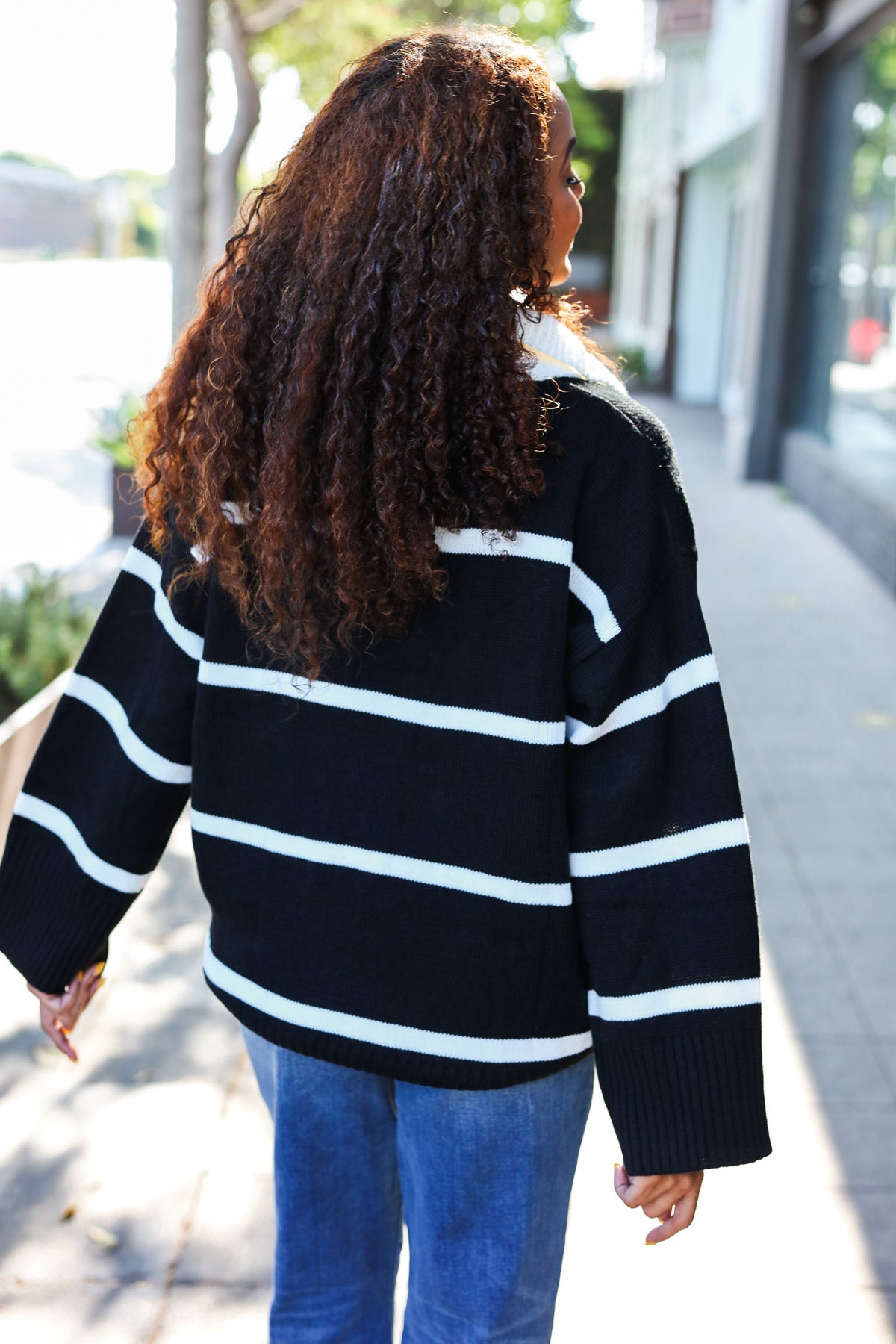 Maxct &Fall For You Black Stripe Notched Neck Collared Oversized Sweater