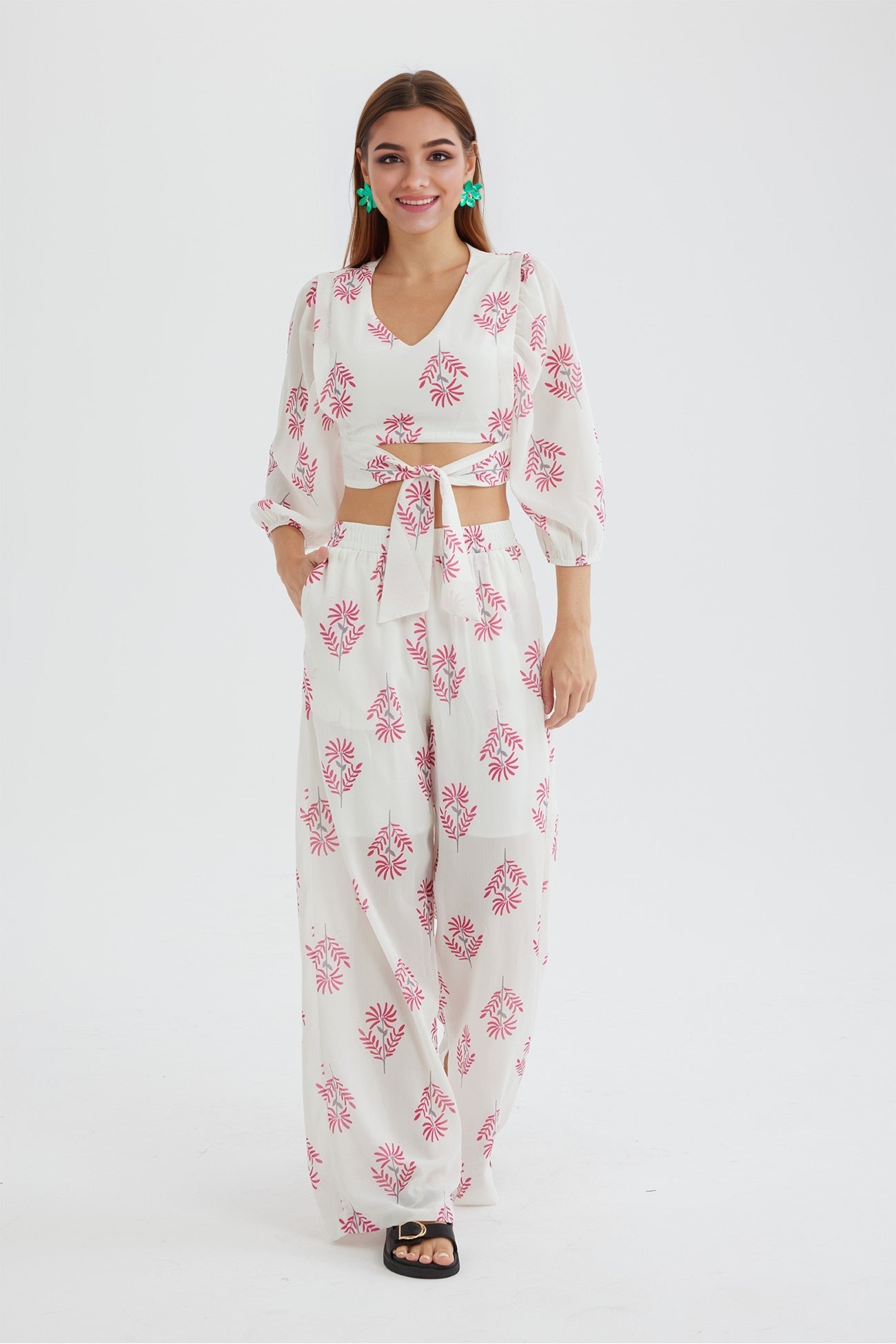 Maxct Floral Print Puff Sleeve Knotted-front Tops Long Pants Suits