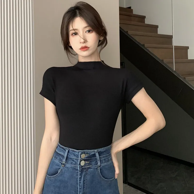 Maxct Half Turtleneck Short Sleeve T-Shirts Women Y2k Crop Tops Fashion Top Slim Blouse Chic Korean Style