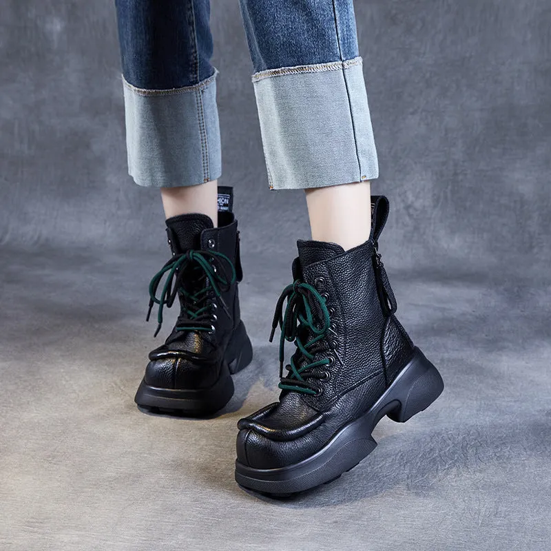 Ladies Stylish Square Toe Platform Lace-Up Leather Martin Boots